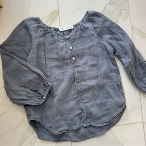 Zara Blue Linen Button Up 3/4 Sleeve Top Travel Friendly Pewter 8-9Y Girls